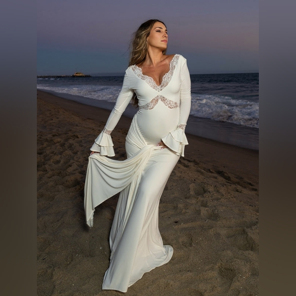 Elegant White Maternity Lace Maxi Dress